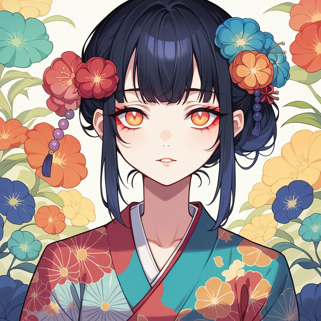 Japanese style, An intricate anime-style illustration of a girl with dark hair and large, expressive eyes. She is wearing a highly detailed, vibrant colorful kimono with geometric and floral patterns. The background features abstract, pastel-colored shapes and lines, creating a modern and artistic atmosphere.