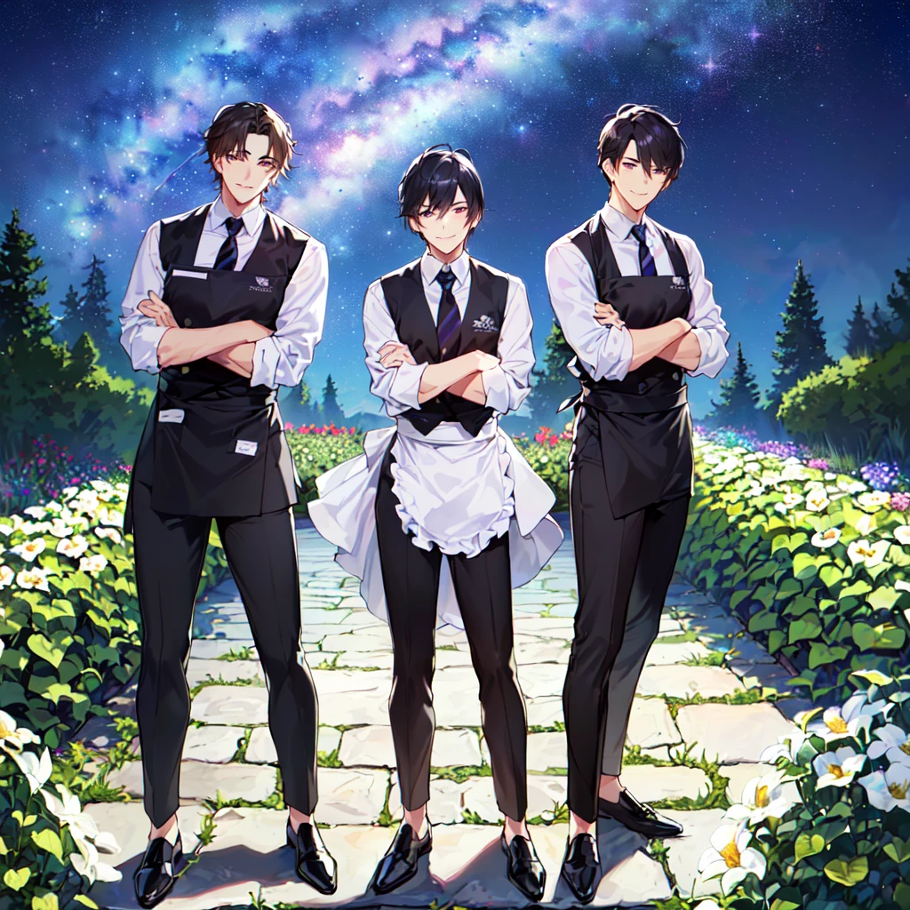 masterpiece,best quality,high quality,(3male austere handsome three adult age 30:1.5), purple eyes, cool with drooping eyes, V-shaped eyebrows, body strong and fearless 8.5 head tall, height 185cm, (well-groomed black short hair down to neck:1.4), (bangs in three (hair parted in three parts:1.4), slender nose, facial muscles, throat, (pants with waiter's tie summer fashion:1.3), sommelier waist apron, (welcome pose), (standing), (stylish pose), (cool smile:1.3), (background summer garden:1.3) ,(Milky Way Night Sky:1.3)
