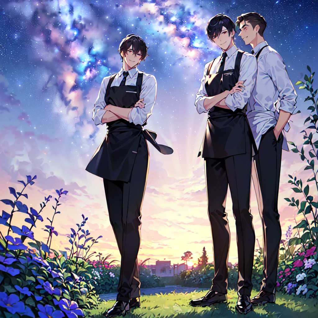masterpiece,best quality,high quality,(3male austere handsome three adult age 30:1.5), purple eyes, cool with drooping eyes, V-shaped eyebrows, body strong and fearless 8.5 head tall, height 185cm, (well-groomed black short hair down to neck:1.4), (bangs in three (hair parted in three parts:1.4), slender nose, facial muscles, throat, (pants with waiter's tie summer fashion:1.3), sommelier waist apron, (welcome pose), (standing), (stylish pose), (cool smile:1.3), (background summer garden:1.3) ,(Milky Way Night Sky:1.3)