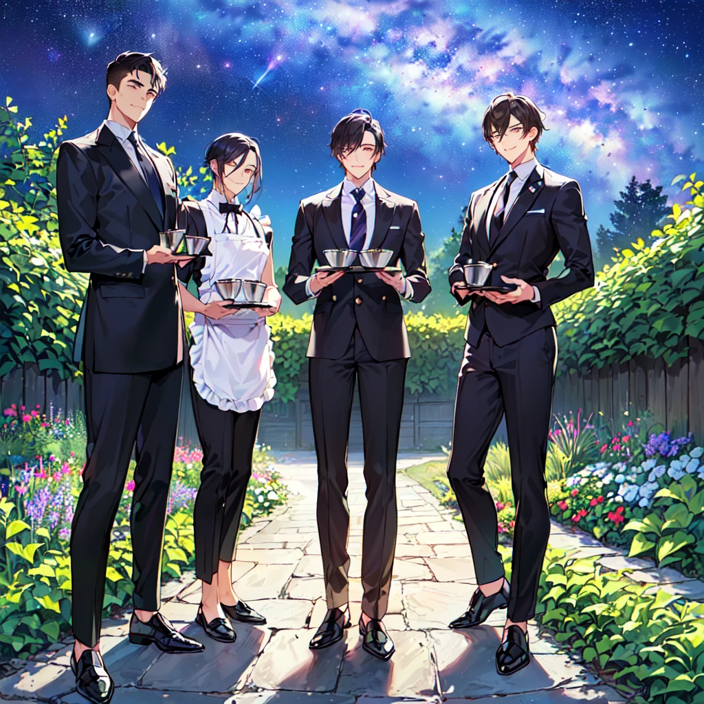 masterpiece,best quality,high quality,(3male austere handsome three adult age 30:1.5), purple eyes, cool with drooping eyes, V-shaped eyebrows, body strong and fearless 8.5 head tall, height 185cm, (well-groomed black short hair down to neck:1.4), (bangs in three (hair parted in three parts:1.4), slender nose, facial muscles, throat, (pants with waiter's tie summer fashion:1.3), sommelier waist apron, (welcome pose), (standing), (stylish pose), (cool smile:1.3), (background summer garden:1.3) ,(Milky Way Night Sky:1.3)
