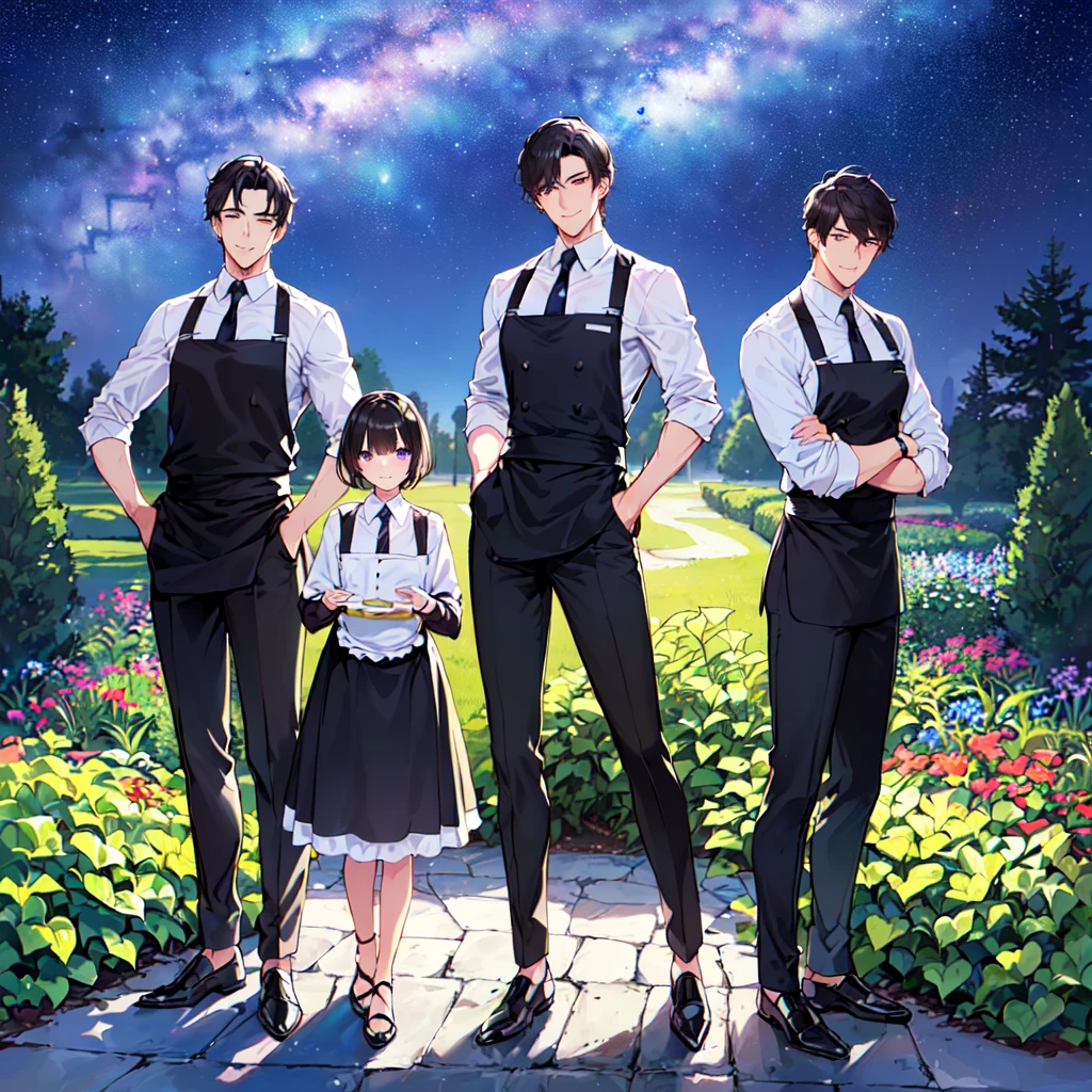 masterpiece,best quality,high quality,(3male austere handsome three adult age 30:1.5), purple eyes, cool with drooping eyes, V-shaped eyebrows, body strong and fearless 8.5 head tall, height 185cm, (well-groomed black short hair down to neck:1.4), (bangs in three (hair parted in three parts:1.4), slender nose, facial muscles, throat, (pants with waiter's tie summer fashion:1.3), sommelier waist apron, (welcome pose), (standing), (stylish pose), (cool smile:1.3), (background summer garden:1.3) ,(Milky Way Night Sky:1.3)