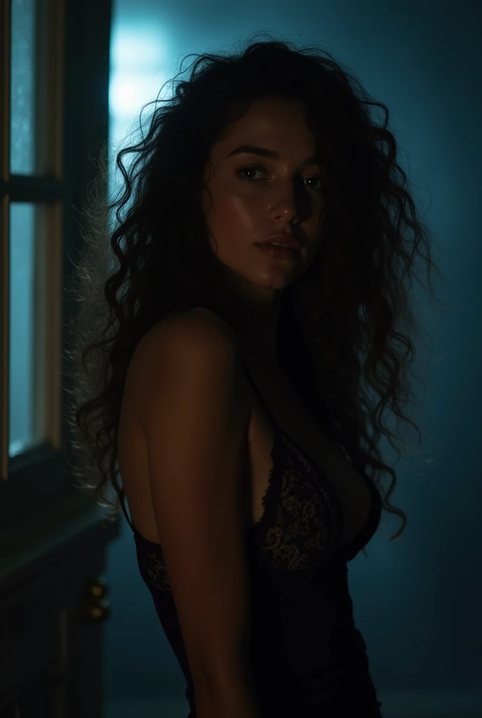 A girl with long curly hair, cinematic night scene, (best quality,4k,8k,highres,masterpiece:1.2),ultra-detailed,(realistic,photorealistic,photo-realistic:1.37),dramatic lighting,moody atmosphere,mysterious shadows,dramatic shadows,dramatic lighting,dramatic pose,intense focus,intricate details,volumetric lighting,cinematic angle,cinematic framing,chiaroscuro, lingerie, sexy