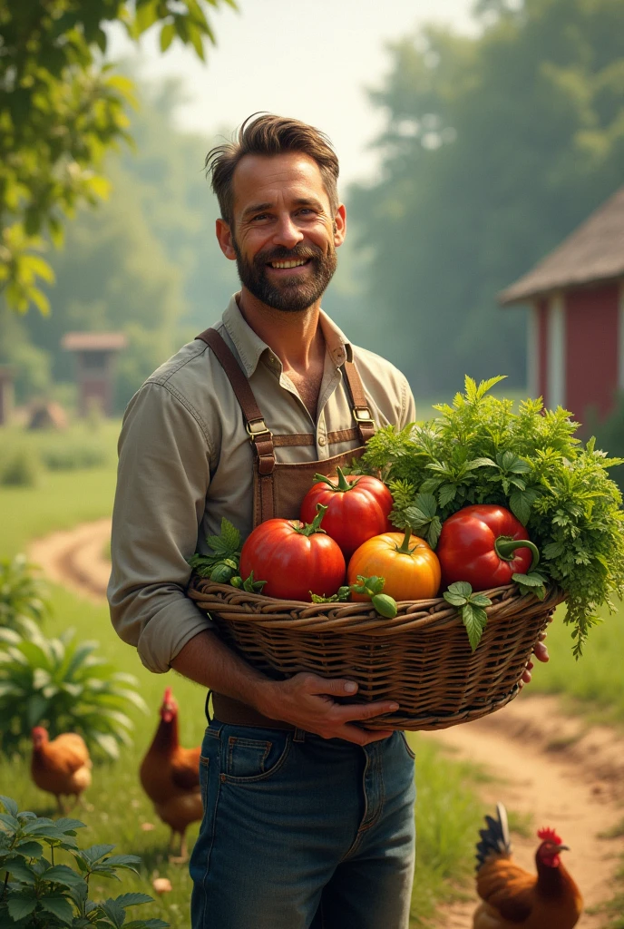 A man with less beard is holding his harvest in a farm with chickens besides him.