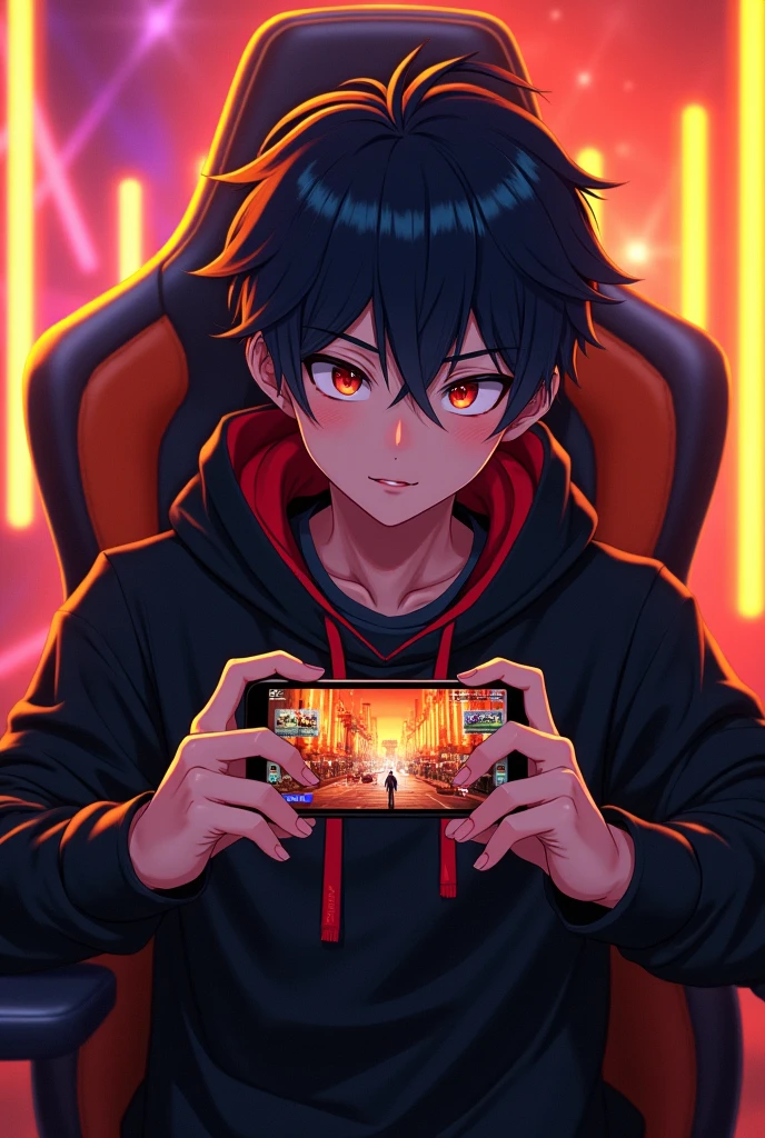 Create a male character while playing gaming in phone landscape, sit on gaming chair ,with colour black, orange, red, and yellow , anime faced , phone in hand should be landscape,
