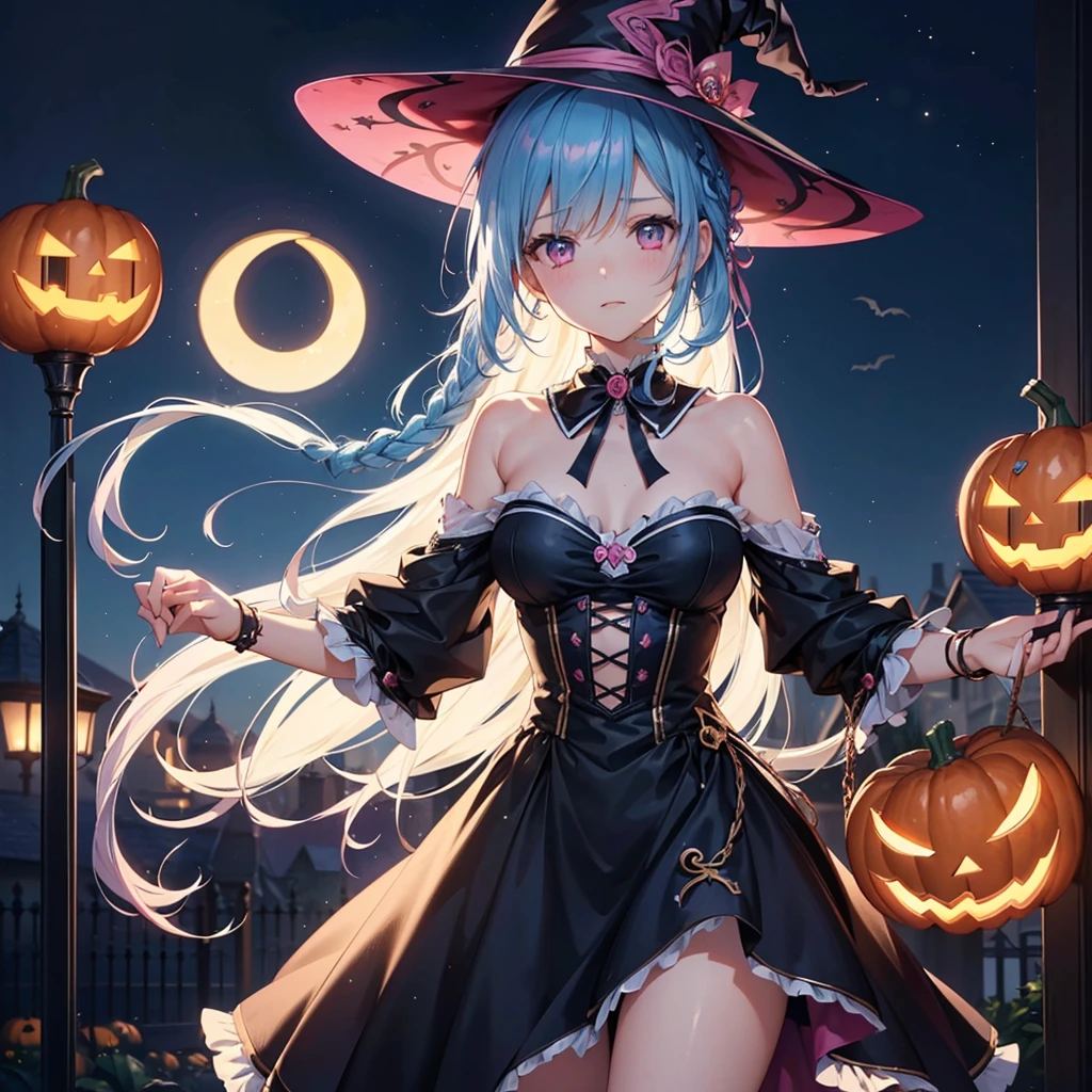 (Sky Blue Hair),(Braided medium hair), (Pink Eyes),Fair skin) ,(whole body),(One Girl),(Crescent Moon),(There are many pumpkin ghosts in the background),(If you don't give me sweets, I'll be mischievous.),Halloween Night Party),(masterpiece, Highest quality, Very detailed, Best Shadow), (Detailed Background), (Beautifully detailed face), High Contrast, (Best lighting, Very delicate and beautiful), ((Cinematic Light)), Hyper Detail,8k, Dramatic Light, Intricate details,Witch's Clothes,Magic broom,night,Flying bats in the sky,