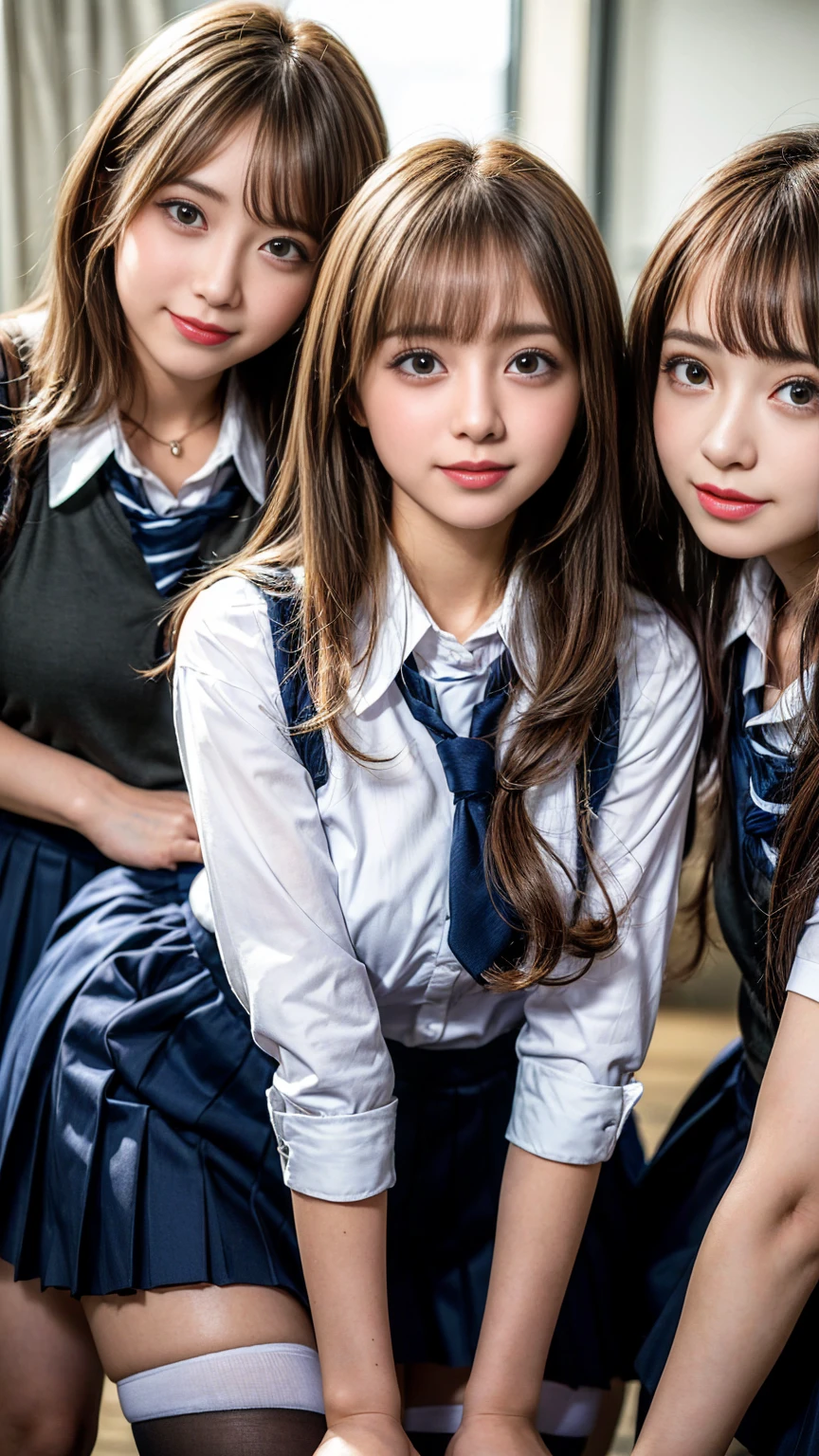 Browsing Caution, ((masterpiece)), ((Highest quality)), (Very detailedな), ((cute)), cute, (Multi-point), ((sexy)), (device), ((Very detailed)), 4K, (8k), Highest quality, (beautiful), hyper cute face, shape, Anime Style,hyper Genuineistic, Genuine, Dynamic Angle, ((whole body)), close, Thick outline, Clear contours, at school, (Three Girls, 3 cute girls:1.5), (Schoolgirl Uniform :1.5), beautiful light brown hair, beautiful brown eyes, ((beautiful eyes)), (Leaning forward:1.5), (Under the skirt:1.5), short hair, Big Breasts,  smile