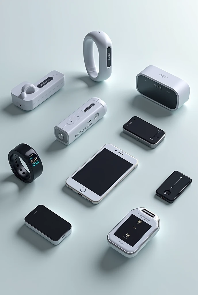 Imagine Heart Rate Monitors
Blood Pressure Monitors
Glucose Monitors
Pulse Oximeters
ECG (Electrocardiogram) Sensors
Temperature Sensors
Respiratory Rate Sensors
Wearable Fitness Trackers (e.g., smartwatches)

Generate an image of these sensors