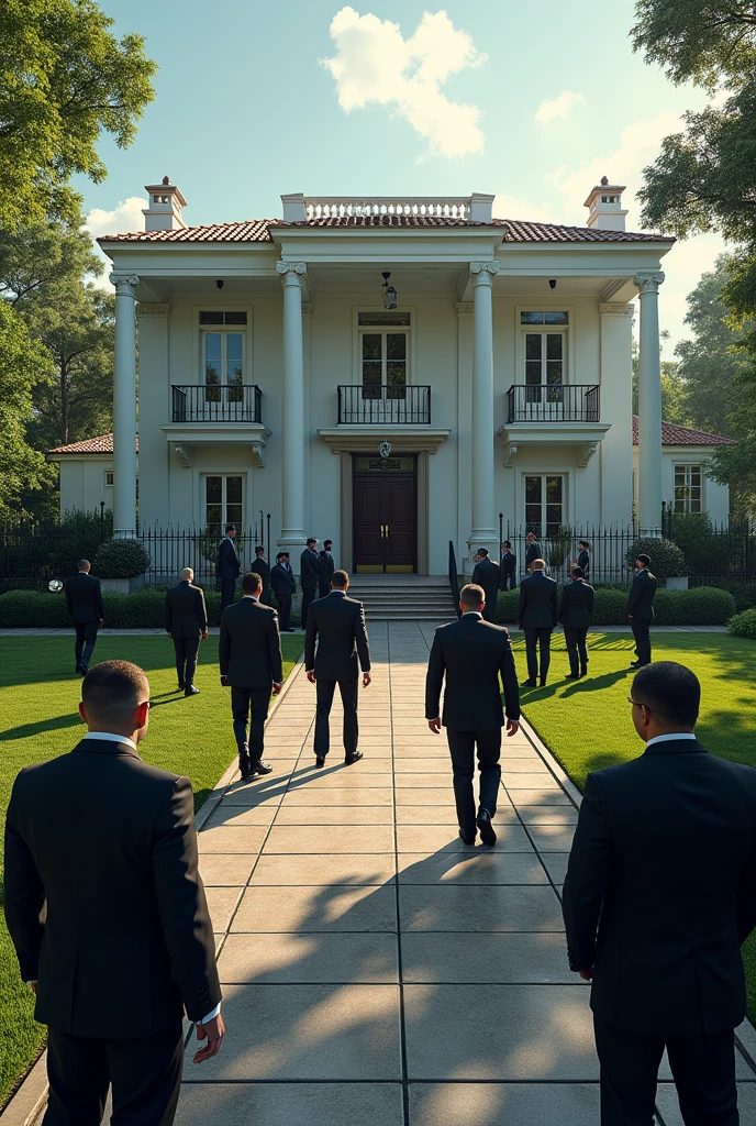Make a 55 Bodyguards protecting house standing on different positions make it more realistic
