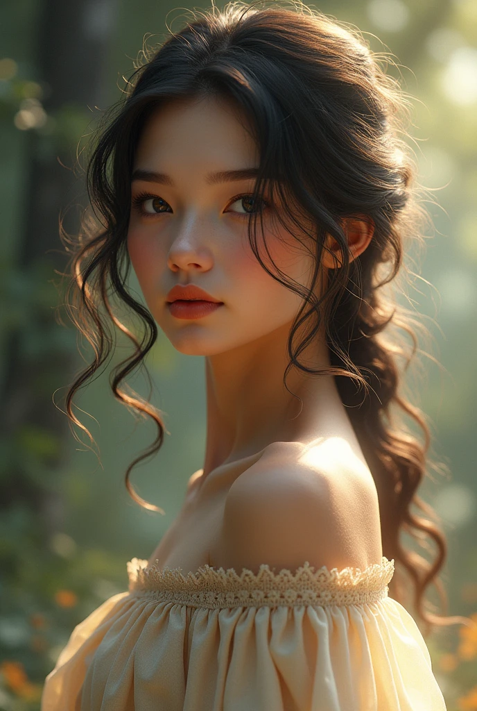 Beautiful girl with wavy long hair, bohemian dress, height 4'8"