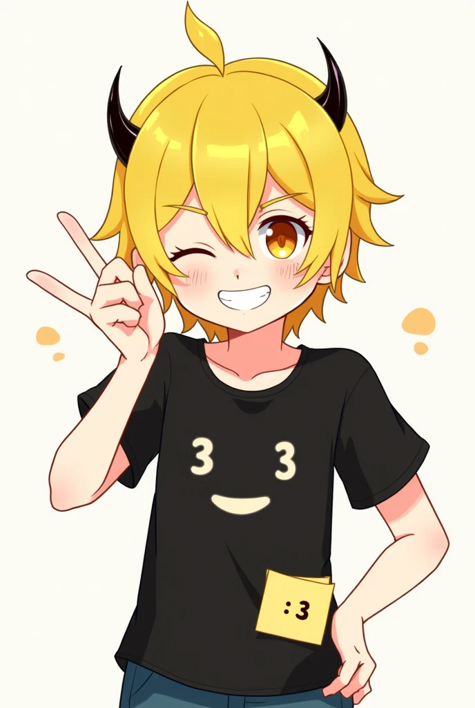 Genre:male&#39;yellow hair,with a yellow paper with a face of :3,with horns and a black line in the hair,Black short sleeve shirt with a face of :3,Black pants