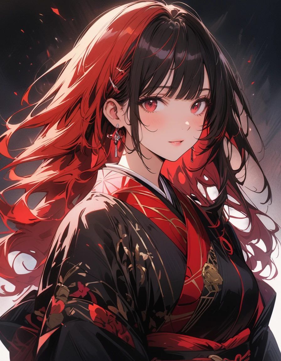 Red Higanbana, Let your hair down, Hair is black, bangs, Red eyes, masterpiece, Highest quality, Very detailed, shape, One Girl, alone, High resolution, Realistic, 超High resolution, (Original shape composition), (Limited Color Fusion,Maximalism art style, Kimono Fashion, Double exposure, Background Black