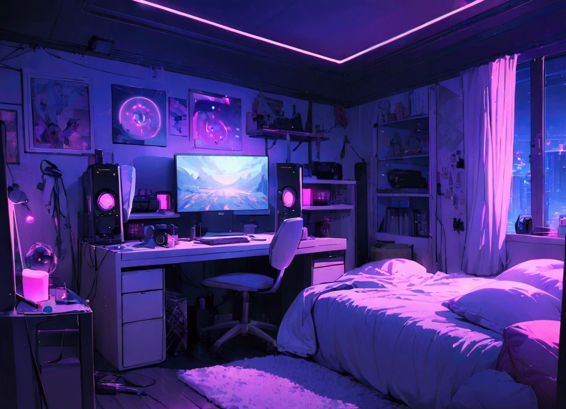 ((Masterpiece)), Bedroom, dark, neon light, untidy bed, untidy room, computer, gaming setup, 1 opened window.