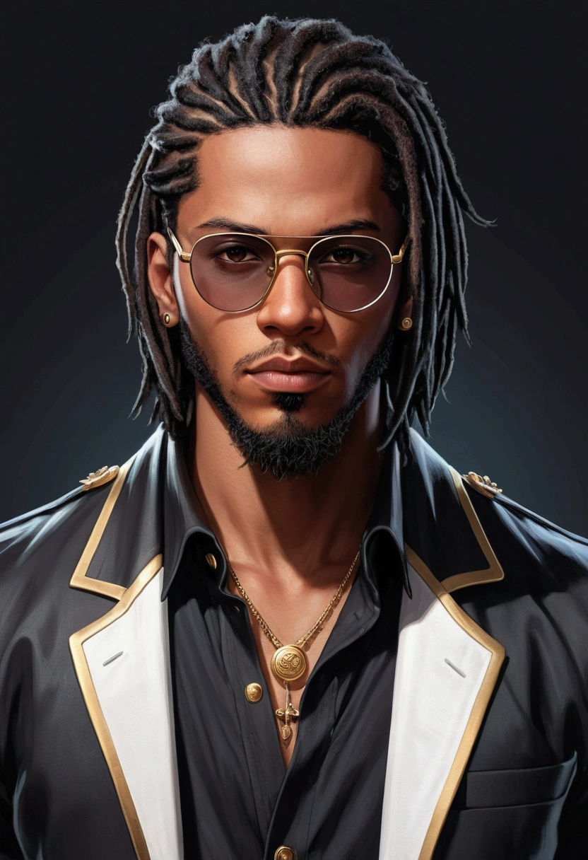 Dark-skinned young man with brown eyes and a black jacket., Black dreadlocks, Black glasses and stubble beard, Hairstyle with dreadlocks, in human style, colorful sketch, unrealistic character concept, Conceptual portrait of my character, подробный character portrait, anime style character, anime style portrait, character portrait, cel - shaded art style, Her outfit consists of black, unbuttoned jacket with gold buttons on the front and bottom of the sleeves, he wears a white V-neck shirt., White pants, large black belt with gold buckle, smaller black belt, hanging from the side of his hip, and he's wearing beige shoes with black buckles, вдохновение King of Fighters