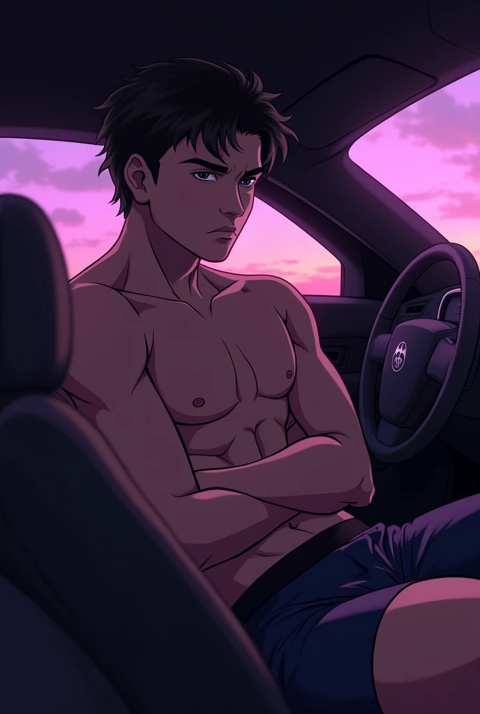 ( boy with father) (car backseat) (fitness trunks) (serious face) (hot day) (purple lights) (sfw)
