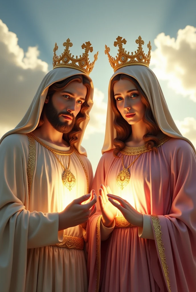 Perfect hand 5 finger, Portrait of a beautiful virgin mary and handsome Jesus Christ. wearing pink clothes of king and queen with the king and queen crown shining the light from the head and heart all over in the clouds, virgin mary and Jesus Christ, real blue eyes, sunny day, intricate details.real virgin mary and Jesus Christ, straight head face, Straight body.Prayer virgin mary and Jesus Christ, perfect full body,  perfect hands finger,Prayer virgin mary and Jesus Christ, praying virgin mary and Jesus Christ backgrounds natural photographic