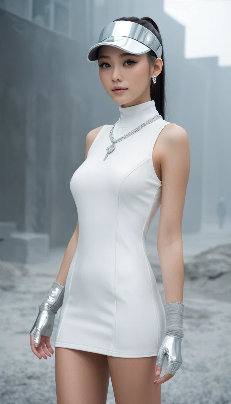 (masterpiece, Best Quality, hyper Detailed, hyper Realistic:1.4), BREAK beautiful Pretty and cute woman, Japanese ig model, glamorous body, render of april, (all body shot, standing:1.2), BREAK (Detailed wear, all body wear:1.2), (sleeveless futuristic high-neck knit one-piece dress:1.4), (emphasis on body contour:1.2), (white theme:1.4), (silver metallic thread embellishments:1.3), (silver statement necklace:1.3), (silver cuff bracelets:1.3), (silver hoop earrings:1.3), (silver anklet:1.3), (white futuristic sunglasses with silver frames:1.3), (white leather gloves:1.3), (skirt hem held by hand:1.3), (high-tech thick-soled high-top sneakers:1.4), (white theme:1.2), (silver details:1.2), (futuristic latex sun visor:1.4), arranged gray hair, BREAK (Detailed medium breasts, Detailed bodyline, Detailed legs and calves), (ultra slim waist, firm medium breasts, medium buttocks, beautiful sexy legs:1.2), White and beautiful Silky skin, thin and short neck, small head, BREAK small head, Detailed face, cute and Pretty slim face, Duck mouth, perfect beautiful Tooth, blue eyes, half open eyes, shiny eyes, gray hair, ponytail long hair, looking other, (in a concrete, fog, mist, steem)