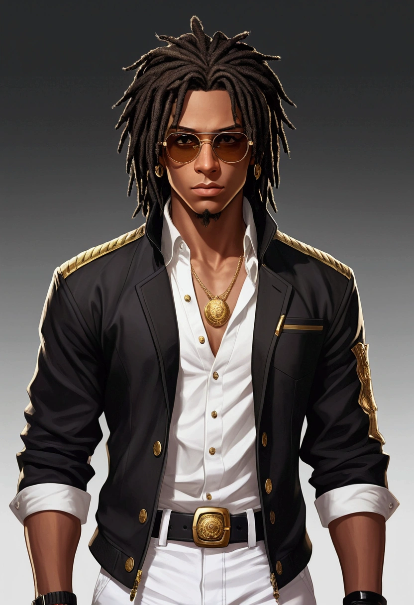 Dark-skinned young man with brown eyes and a black jacket., Black dreadlocks, Black glasses, Hairstyle with dreadlocks, in human style, colorful sketch, unrealistic character concept, Conceptual portrait of my character, подробный character portrait, anime style character, anime style portrait, character portrait, cel - shaded art style, Her outfit consists of black, unbuttoned jacket with gold buttons on the front and bottom of the sleeves, he wears a white V-neck shirt., White pants, large black belt with gold buckle, smaller black belt, hanging from the side of her hip, and he's wearing beige shoes with black buckles, вдохновение King of Fighters