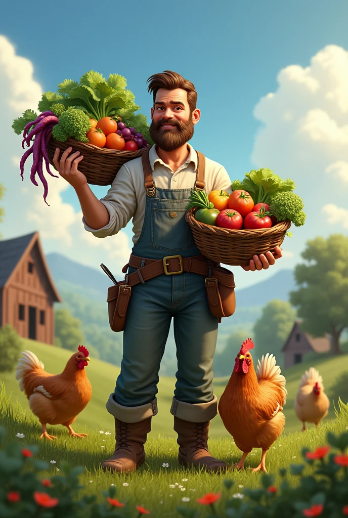 A farmer with less beard is holding his harvest in a farm with chickens besides him.