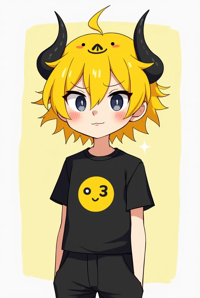 Genre:male'yellow hair,with a yellow paper with a face of :3,with horns and a black line in the hair,Black short sleeve shirt with a face of :3 yellow,Black pants