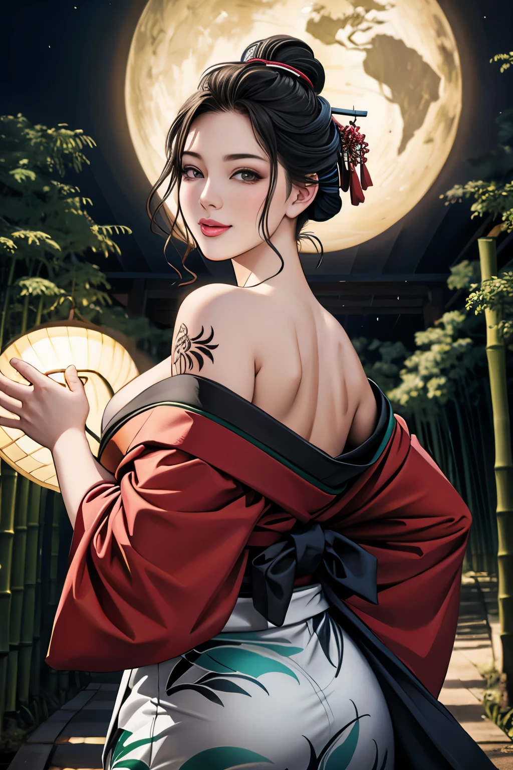 (Browsing Caution), (RAW Photos), (Realistic), (Photorealistic), Ultra-high resolution, masterpiece, Highest quality, Portraiture, facial Portraiture, Perfect lighting, Detailed lighting, Dramatic Shadows, Ray Tracing, Pure Eros Face_v1, Urzan-6500-v1.1, ((gentle smile)), ((upper body:1.2)), ((random sexy pose)), looking at viewer, ((wearing a kimono)), ((off shoulders kimono:1.2)), ((in Bamboo forest:1.2)), ((night:1.2)), ((moon)), ((Japanese tattoo)),