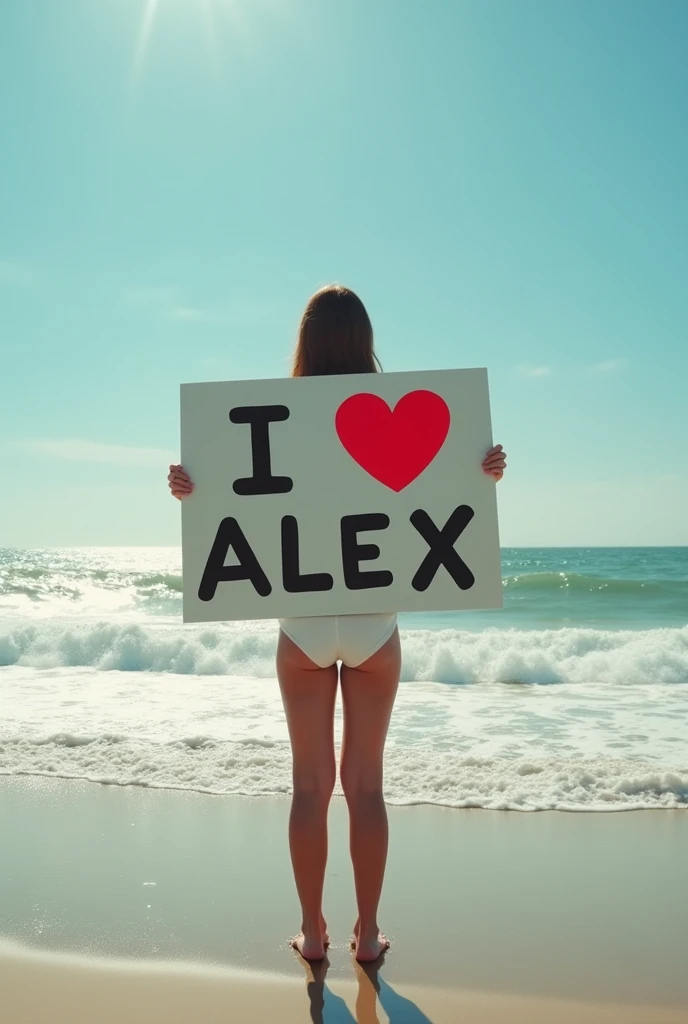 Hyperrealism,A girl holding a sign that says I Love Alex,Standing by the sea,Movie quality picture,Sunshine,Waves,Beach