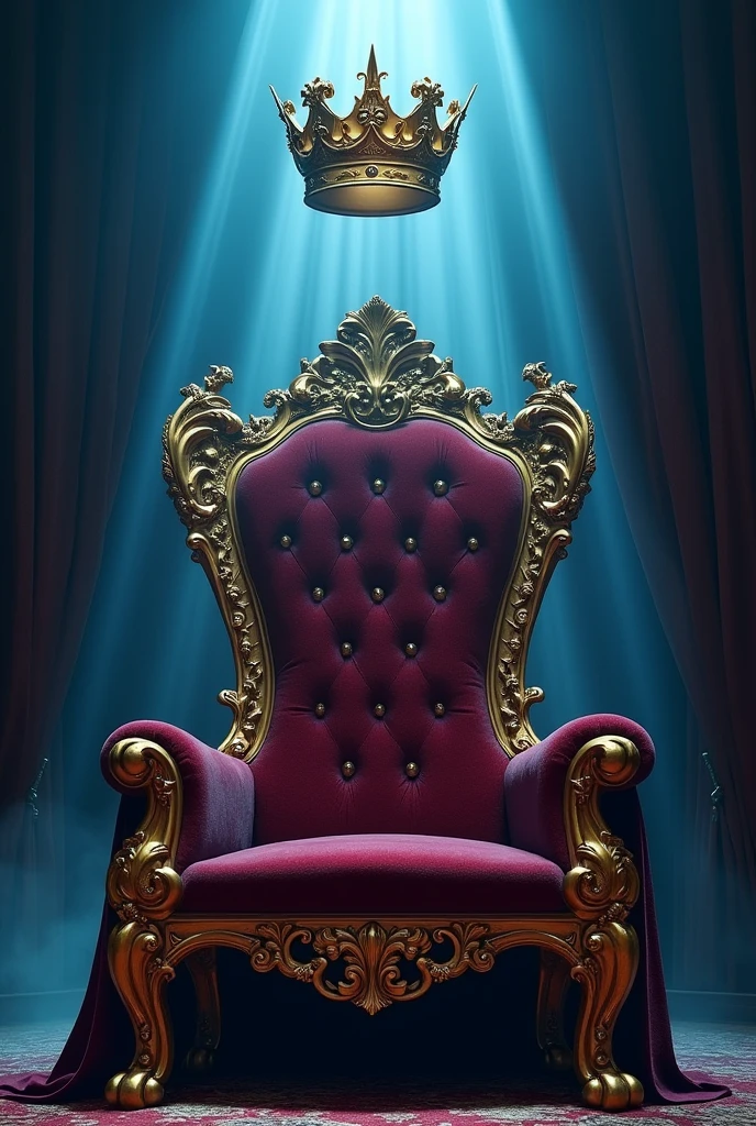 A royal throne with a golden crown floating above, detailed ornate carvings, velvet upholstery, curtains behind chair, blue mist, dramatic lighting, cinematic composition, intricate details, highly detailed, 8k, photorealistic, digital art, fantasy, concept art, dramatic lighting, moody atmosphere, vibrant colors, rich textures