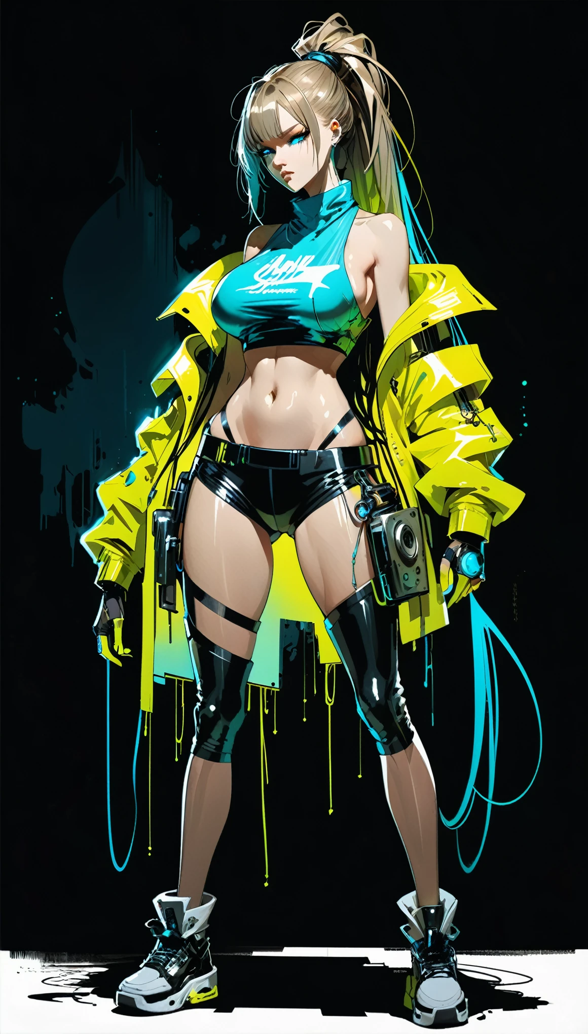 in style of ashley wood,in style of Hans Hartung,in style of  Carne Griffiths
1 girl,character concept design,incredibly long hair,high tied Ponytail,gravure_pose,cyberpunk,(hip-hop style costumes:1.5),big breasts,fluorescence glowing coat,(oversized forearms:1.2),darkness,shadow