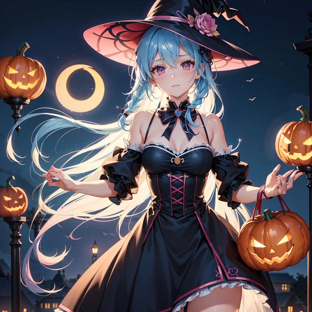 (Sky Blue Hair),(Braided medium hair), (Pink Eyes),Fair skin) ,(whole body),(One Girl),(Crescent Moon),(There are many pumpkin ghosts in the background),(If you don't give me sweets, I'll be mischievous.),Halloween Night Party),(masterpiece, Highest quality, Very detailed, Best Shadow), (Detailed Background), (Beautifully detailed face), High Contrast, (Best lighting, Very delicate and beautiful), ((Cinematic Light)), Hyper Detail,8k, Dramatic Light, Intricate details,Witch's Clothes,Magic broom,night,Flying bats in the sky,