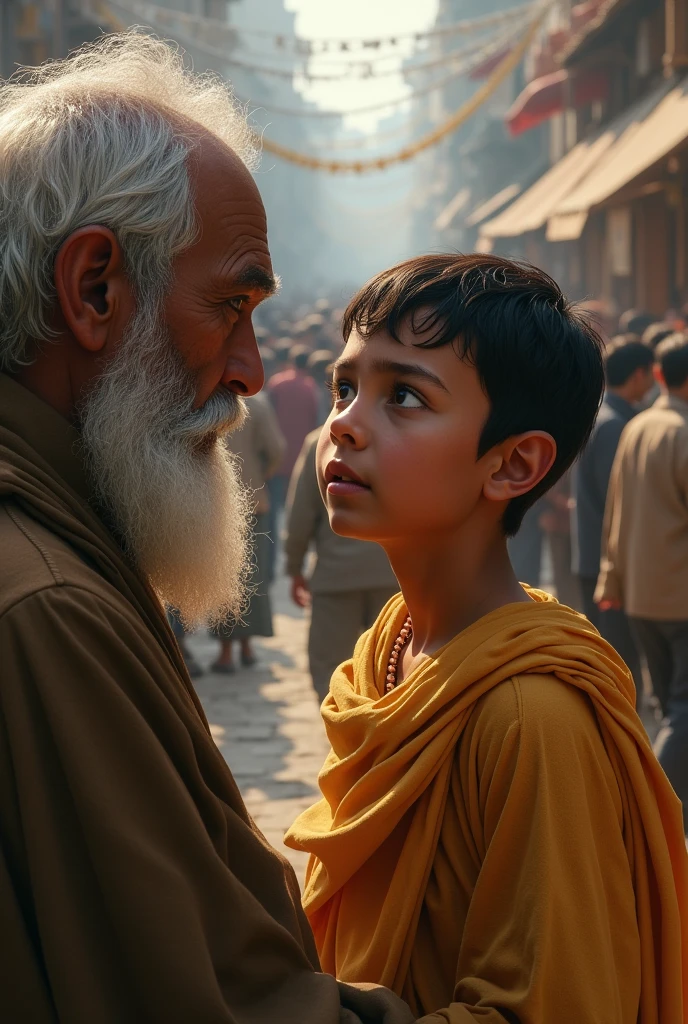 Describe Siddhartha's curiosity about the world beyond the palace walls.
Narrate his first journey outside the palace, where he sees an old man for the first time.
Capture Siddhartha's shock and confusion as he learns about aging, realizing that it is an inevitable part of life.