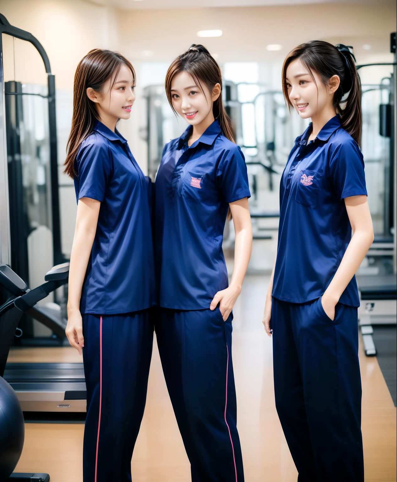 3 girls in fitness center, Navy blue short-sleeved shirt,Navy Long Trackpant,Sweatpants, Sweatpantsขายาว,25 year old girl, lesbian, sexy, exercise clothes, wet body, exercise clothes