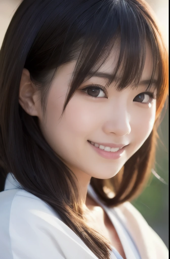 best quality, face focus, soft light, ultra high res, (photorealistic:1.4), RAW photo,(Shinozaki Ai), white skin, kawaii, 1 Japanese girl, solo, cute, (smile), (pupil, lights in the eyes), detailed beautiful face, Medium-sized breasts,(high resolution detail of human skin texture),(long hair),(portrait), upper body, white traditional kimono