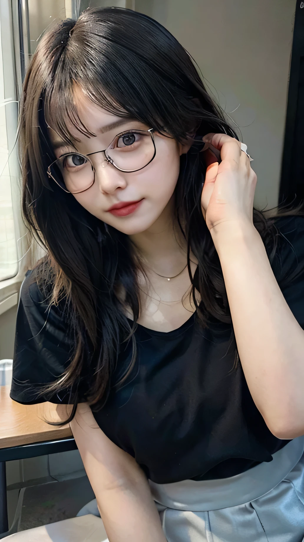 Mature woman with a beautiful and seductive face, with long black hair waist-length. with L cup breasts, wearing a bra, black outer shirt. Wear glasses, alluring body with about 30 years of age. His face flushed as if he was embarrassed. Position from the side, Camera angle from head to toe. Wear a short skirt and a shirt that is slightly open at the cleavage so it is tempting. Leaning on the table with a seductive expression on her face.
