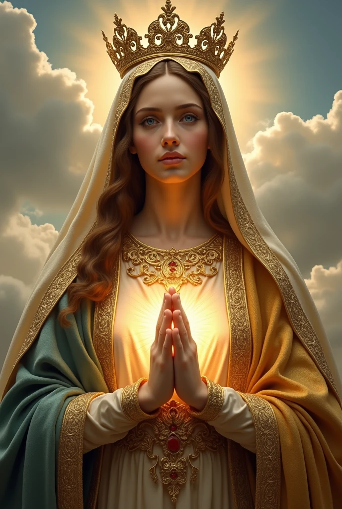 Perfect hand 5 finger, Portrait of a beautiful virgin mary and handsome Jesus Christ. wearing yellow clothes of king and queen with the king and queen crown shining the light from the head and heart all over in the clouds, virgin mary and Jesus Christ, real blue eyes, sunny day, intricate details.real virgin mary and Jesus Christ, straight head face, Straight body.Prayer virgin mary and Jesus Christ, perfect full body, perfect hands finger,Prayer virgin mary and Jesus Christ, praying virgin mary and Jesus Christ backgrounds natural photographic