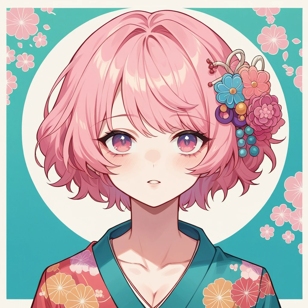 Japanese style,  A delicate anime-style illustration of a girl with pink hair and large, expressive eyes. She is wearing a detailed, colorful kimono with intricate patterns. The background features abstract, geometric shapes in soft pastel colors, creating a modern and artistic look. Her hands are gracefully positioned in front of her.