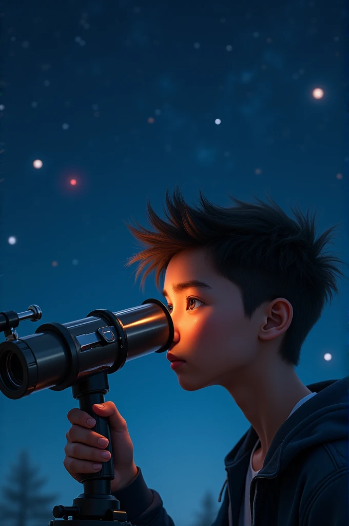 A young man watching through telescope