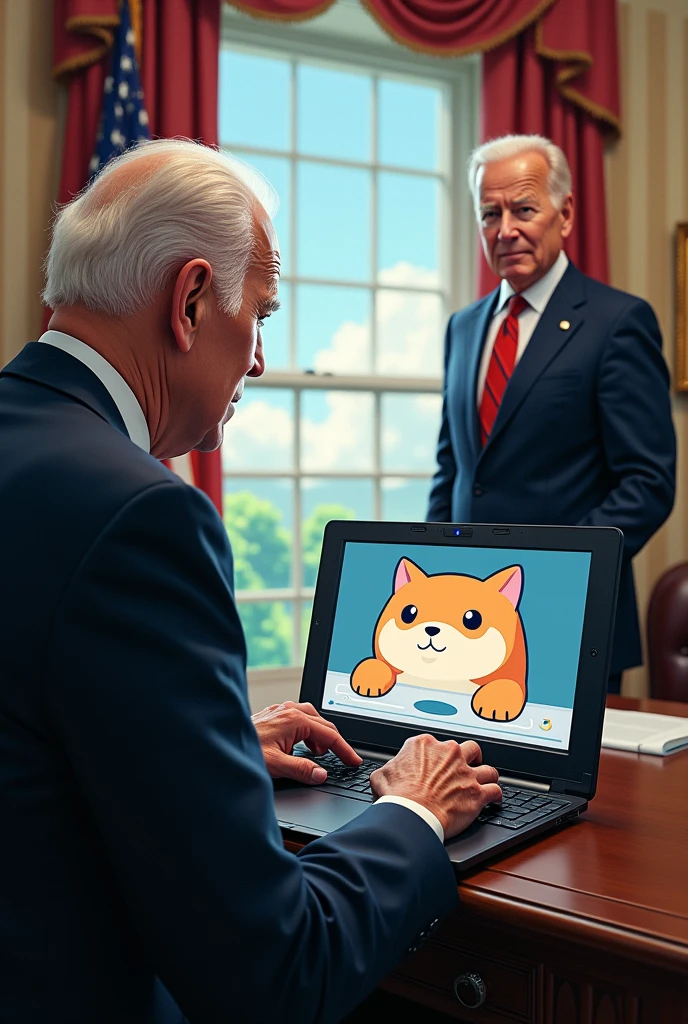 Joe Biden at the window while elon musk is showing furry anime porn in his laptop