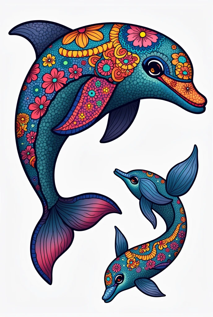 Painting pages for adults。Mandala painting in vibrant colors。Mandala pattern。Drawn with thick lines、Few details、No shading。It is colorfully painted。Impressive and colorful picture pages designed for adults, A majestic dolphin depicted in a mandala style. The dolphins are decorated with intricate patterns, including flowers and geometric shapes., A fascinating and detailed work of art. The figure focuses on crisp, Clean lines and bold outlines, No shading or color, Allowing users to bring their own unique vibrancy to their creations. Minimalist design, Thick lines and lack of background detail, Calm your mind、Soothing, colorful and gentle drawing pages for adults seeking creative activity. figure