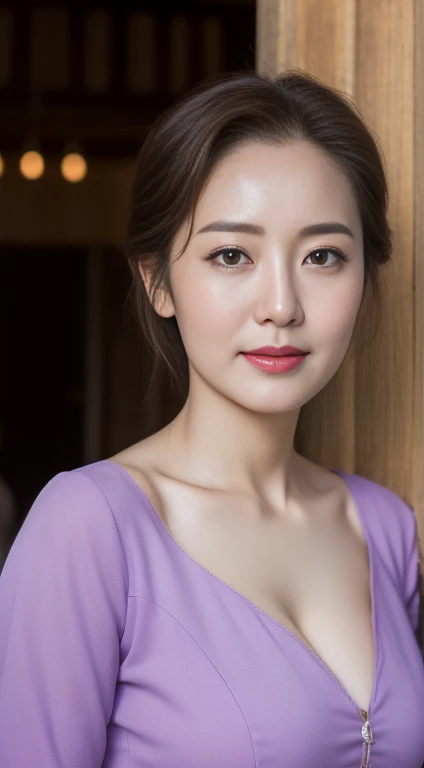 photograph of-realistic (1 Korean royal Mother star) hair slicked back, White skin, thin makeup, 32 inch breast size, A slight smil, Wear a purple patterned camisole jacket, Stand in front of the hut, Full body portrait, hyper HD，Cocked buttocks，black lence stockings