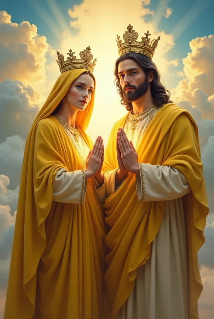 Perfect hand 5 finger, Portrait of a beautiful virgin mary and handsome Jesus Christ. wearing yellow clothes of king and queen with the king and queen crown shining the light from the head and heart all over in the clouds, virgin mary and Jesus Christ, real blue eyes, sunny day, intricate details.real virgin mary and Jesus Christ, straight head face, Straight body.Prayer virgin mary and Jesus Christ, perfect full body, perfect hands finger,Prayer virgin mary and Jesus Christ, praying virgin mary and Jesus Christ backgrounds natural photographic