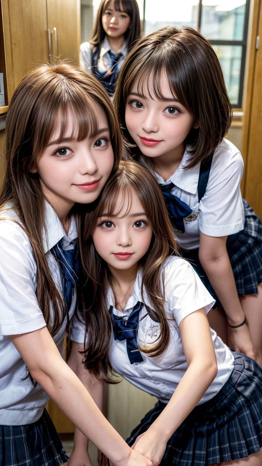 Browsing Caution, ((masterpiece)), ((Highest quality)), (Very detailedな), ((cute)), cute, (Multi-point), ((sexy)), (device), ((Very detailed)), 4K, (8k), Highest quality, (beautiful), hyper cute face, shape, Anime Style,hyper Genuineistic, Genuine, Dynamic Angle, ((whole body)), close, Thick outline, Clear contours, at school, (Three Girls, 3 cute girls:1.5), (Schoolgirl Uniform :1.5), beautiful light brown hair, beautiful brown eyes, ((beautiful eyes)), (Leaning forward:1.5), (Under the skirt:1.5), short hair, Big Breasts, smile