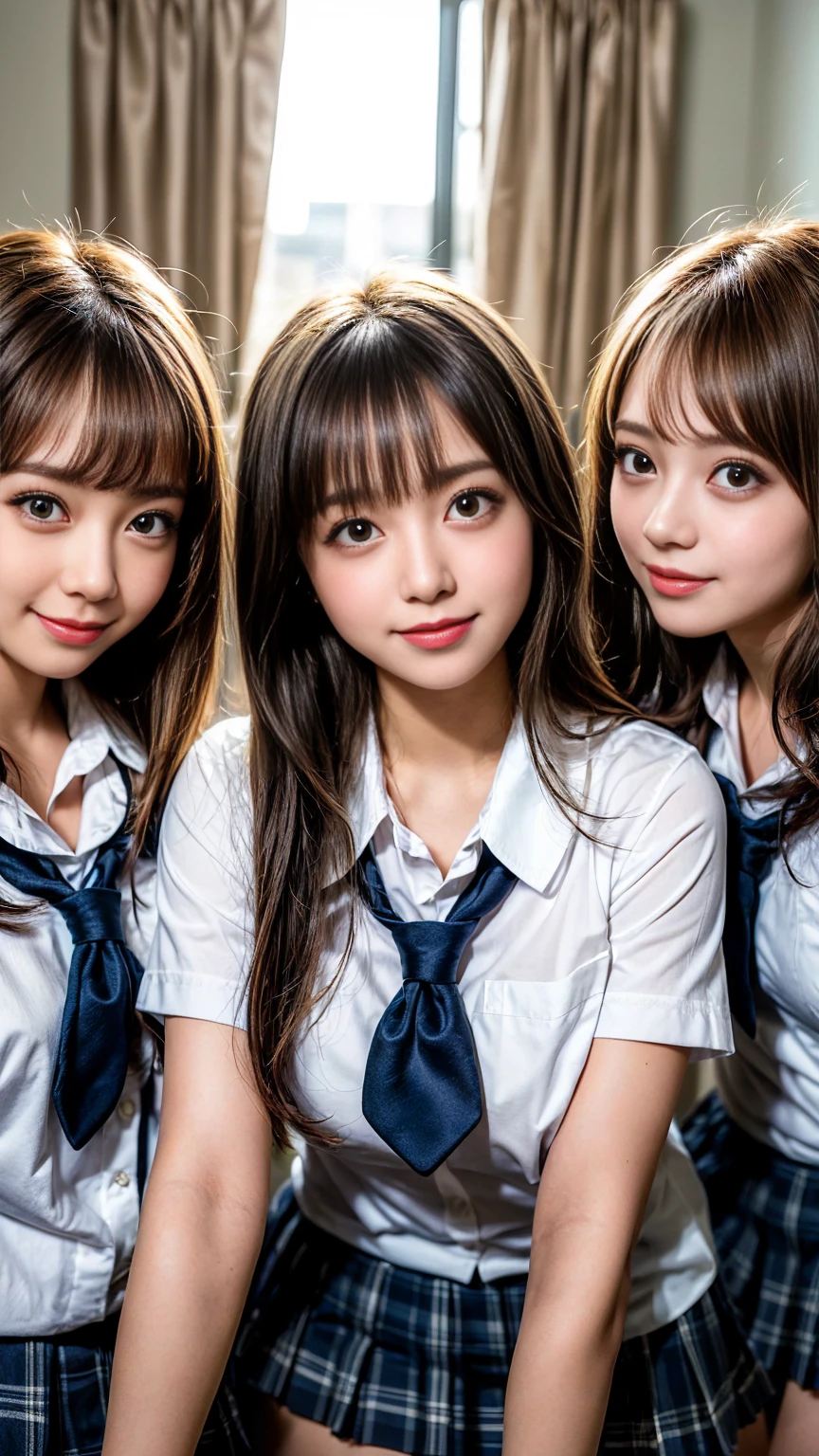 Browsing Caution, ((masterpiece)), ((Highest quality)), (Very detailedな), ((cute)), cute, (Multi-point), ((sexy)), (device), ((Very detailed)), 4K, (8k), Highest quality, (beautiful), hyper cute face, shape, Anime Style,hyper Genuineistic, Genuine, Dynamic Angle, ((whole body)), close, Thick outline, Clear contours, at school, (Three Girls, 3 cute girls:1.5), (Schoolgirl Uniform :1.5), beautiful light brown hair, beautiful brown eyes, ((beautiful eyes)), (Leaning forward:1.5), (Under the skirt:1.5), short hair, Big Breasts, smile