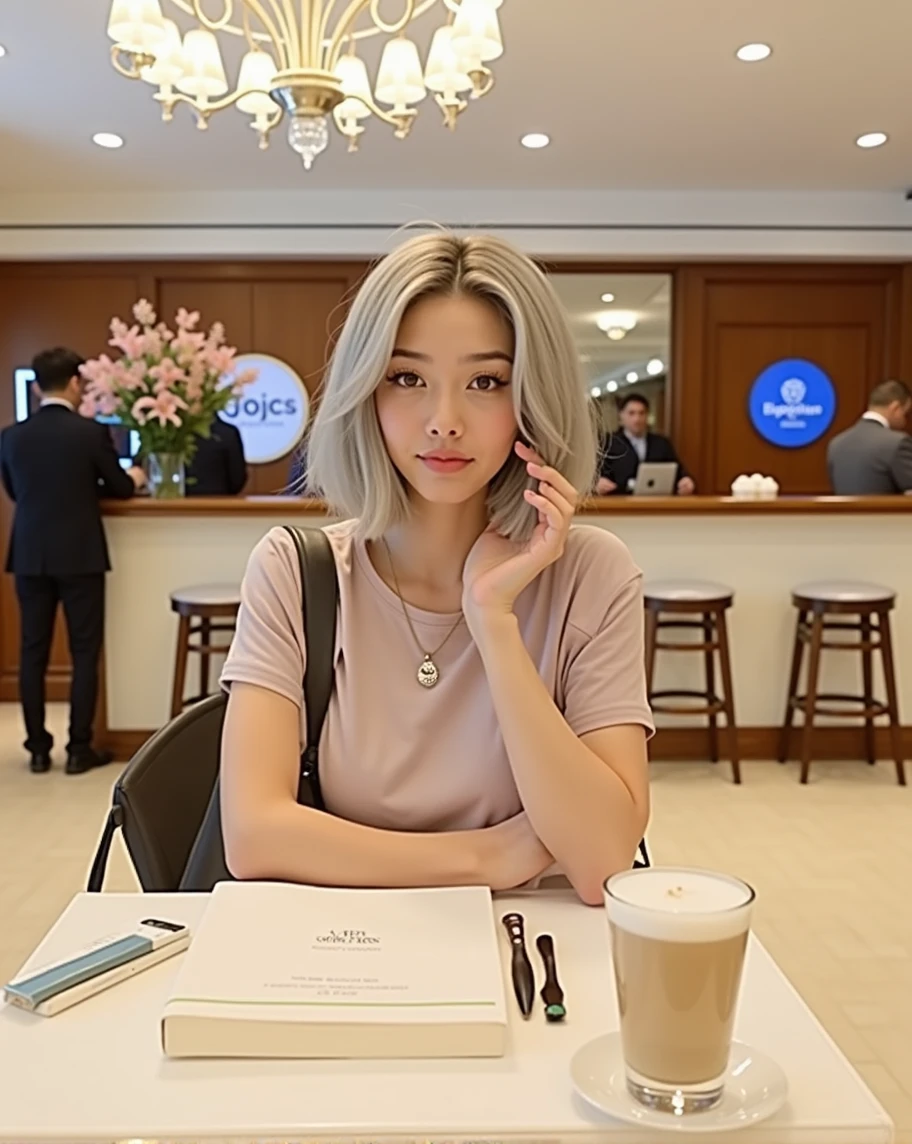 (RAW photo, best quality, masterpiece: 1.2), (photorealistic: 1.4), best lighting, 20 years old, (detail face, detail eyes, light gray eyes, light gray hair, short straight bob cut, Symmetrical eyes :1.3)