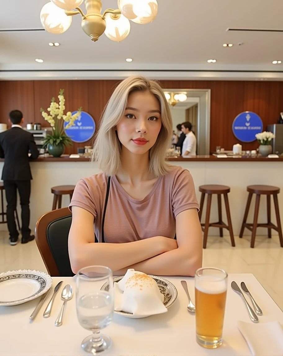 (RAW photo, best quality, masterpiece: 1.2), (photorealistic: 1.4), best lighting, 20 years old, (detail face, detail eyes, light gray eyes, light gray hair, short straight bob cut, Symmetrical eyes :1.3)