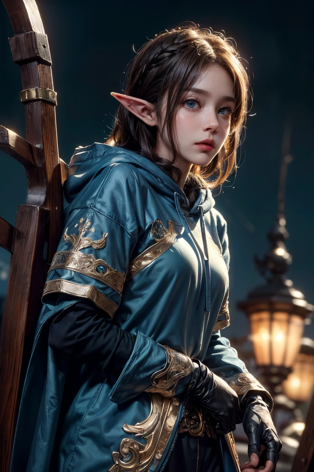 masterpiece, highest quality, an elf squad on the line, very beautiful extremely detailed face and blue eyes, detailed full body, crown detailed hair, detailed legendary (hoody archer outfit), (low angle view), evening colorful, cinematic lighting, photorealistic, 8k, hyper detailed, intricate details, (best quality), High contrast(realistic), (masterpiece)
