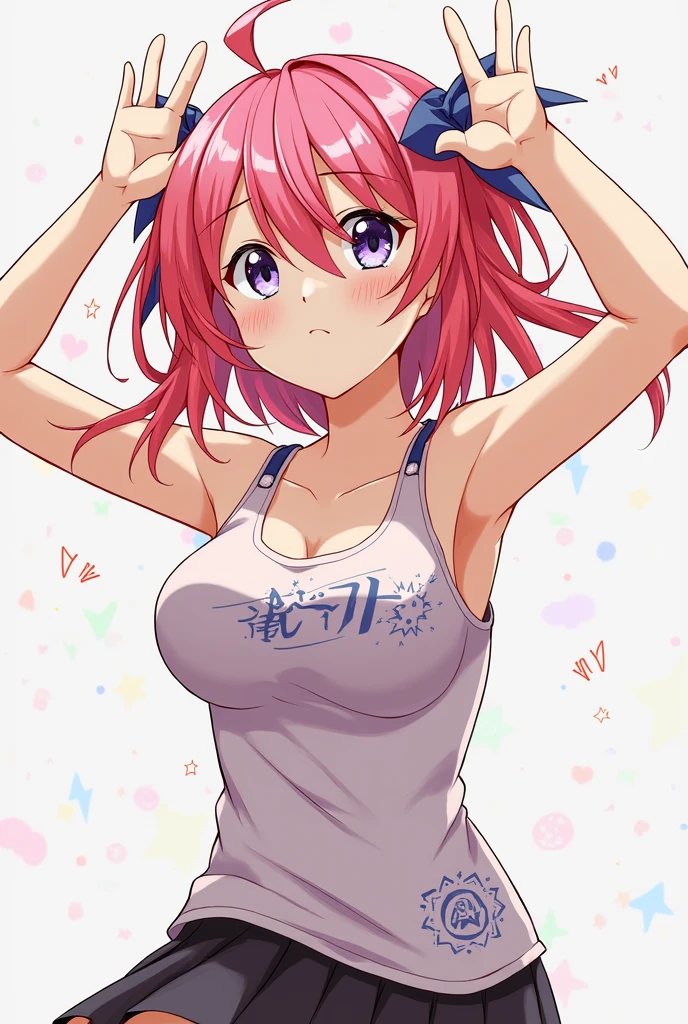 Anime girl wearing tank top with hands raised