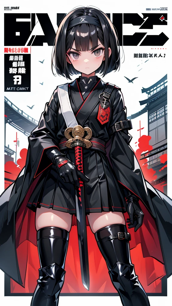 Magazine Cover　mature　Bobcut　Black Hair　Narrow eyes　Glaring at me　Glare　frivolous attitude　Black Sailor Suit　armor　Put a headband around your forehead　Handguard　gloves　Black boots　Holding the Japan sword　battlefield