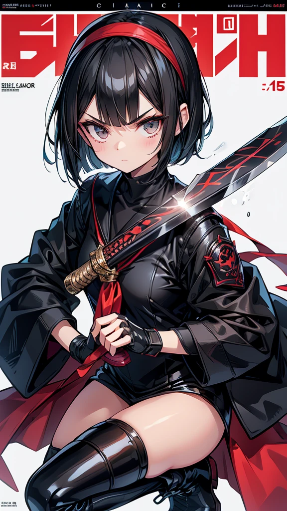 Magazine Cover mature Bobcut Black Hair Narrow eyes Glaring at me Glare frivolous attitude Black Sailor Suit armor Put a headband around your forehead Handguard gloves Black boots Holding the Japan sword battlefield