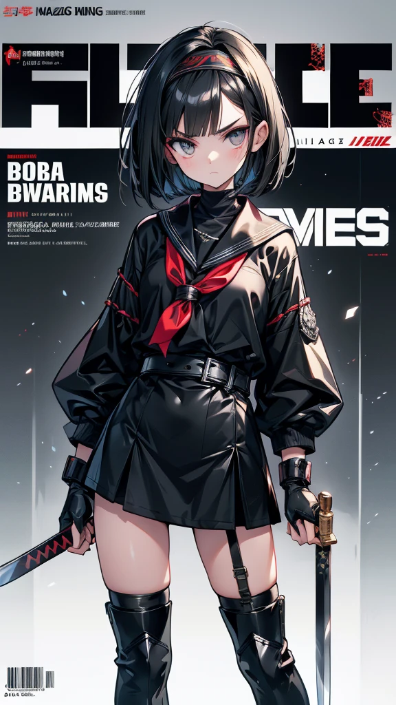 Magazine Cover　mature　Bobcut　Black Hair　Narrow eyes　Glaring at me　Glare　frivolous attitude　Black Sailor Suit　armor　Put a headband around your forehead　Handguard　gloves　Black boots　Holding the Japan sword　battlefield