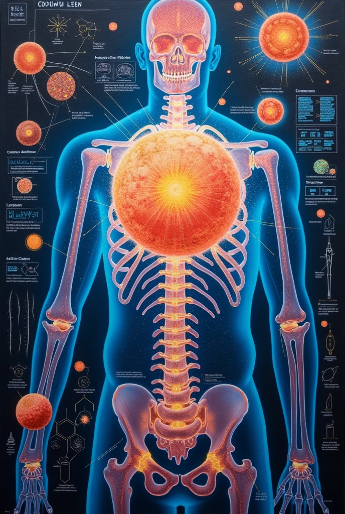 create a painting about isotope calcium 47 that includes its uses in medicine these are bone metabolism and calcium absorption, understanding bone diseases