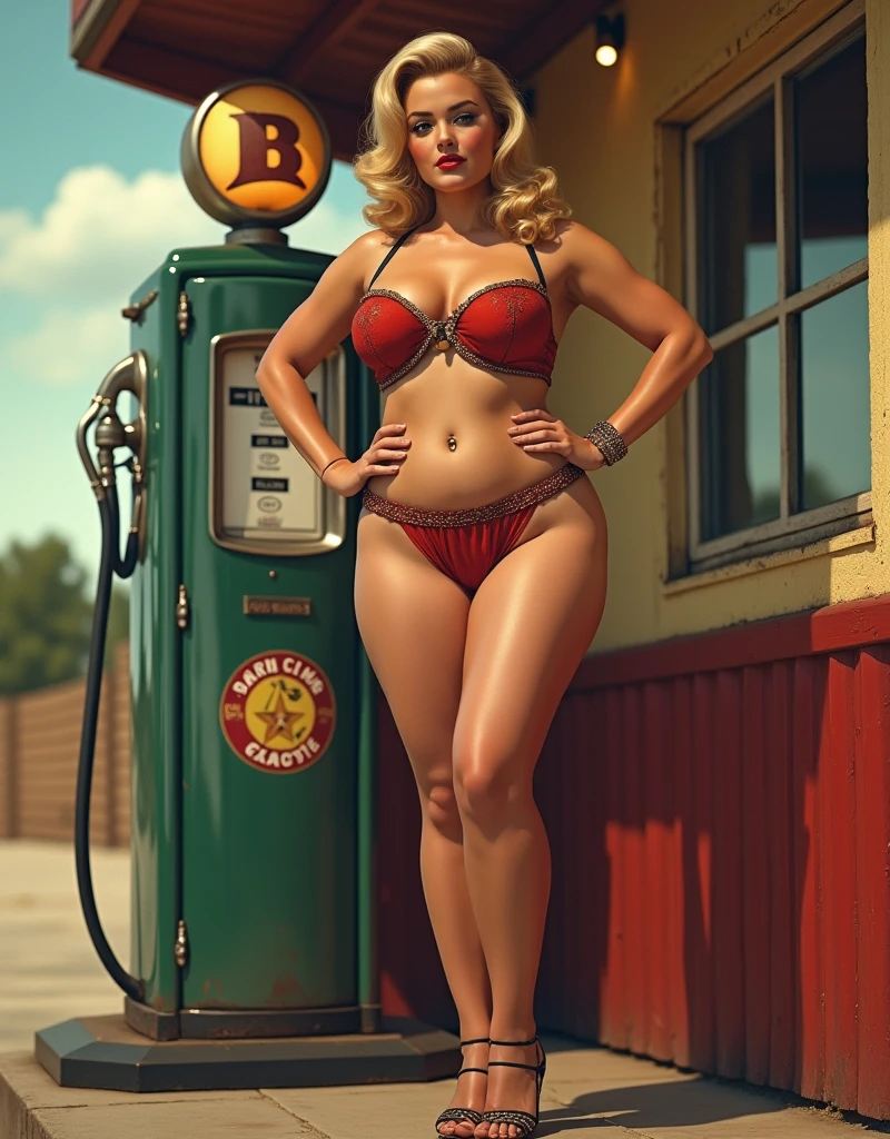 1940s scene, a slightly chubby pinup blonde woman in a provocative and seductive pose with a 1940s gas pump at a 1940s vintage outdoors gas station, pinup pose, sexy, pantyhose and garter belts and ankle strap heels, well proportioned body, america, nostalgia, glamour, outdoor scene